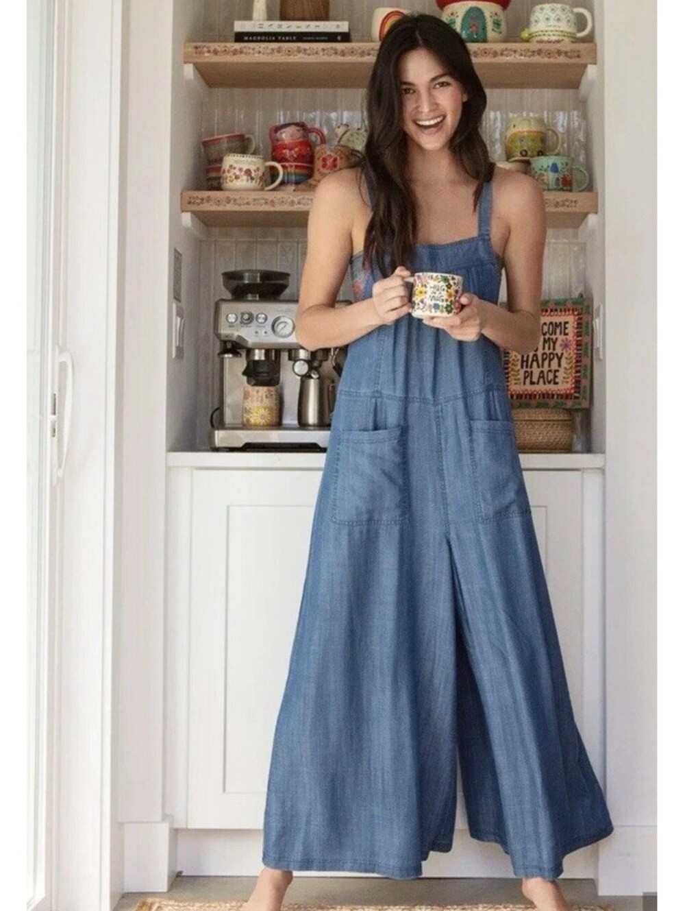 NEW Natural Life Dakota Tie Jumper Overalls S Blue Wide Leg Lyocell Chambray